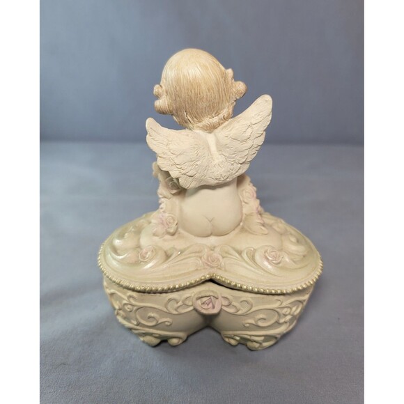 Cherub Trinket Heart Box Bisque Angel w/ Roses Jewelry Valentine Carved Case - Picture 4 of 12